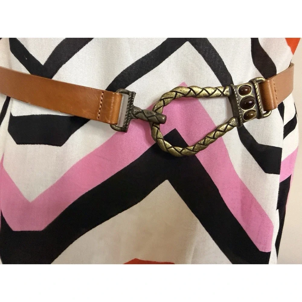 Chicos Italian Leather Brass Tone Waist Belt Size M/L Adjustable Hook Gemstones‎